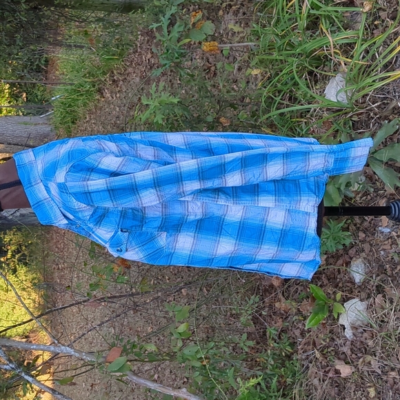 Cowgirl Hardware Arena Shirt Turquoise/White Plaid w/ Embroidered Yoke Snap Butt - Picture 7 of 14